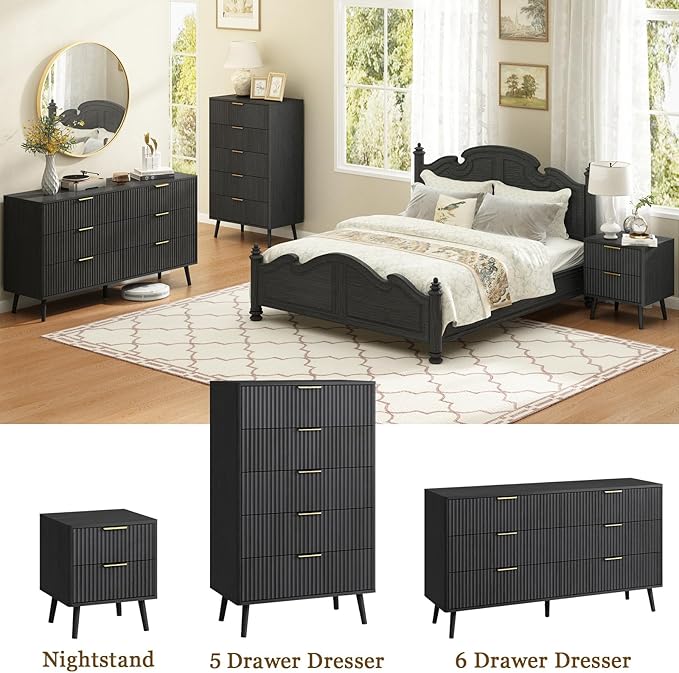 CARPETNAL Fluted 6 Drawer Dresser for Bedroom, 55" Wide Wooden Chest of Drawers with Rounded Corners, Gold Handles, Modern Storage Organizer for Bedroom, Hallway(Black)
