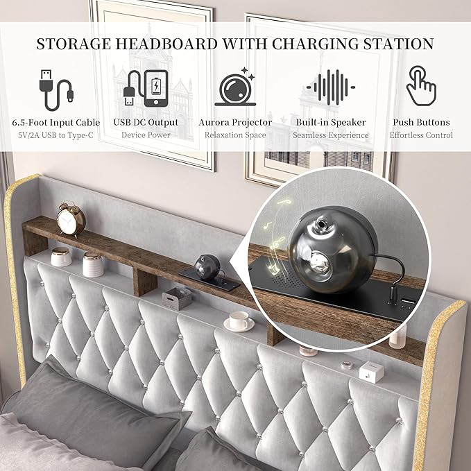 Queen LED Bed Frame with Storage Drawers, Velvet Upholstered Platform Beds with Galaxy Star Projector Charging Station, Aurora Bedframe with 2-Tier Storage Headboard, No Box Spring Needed, Grey