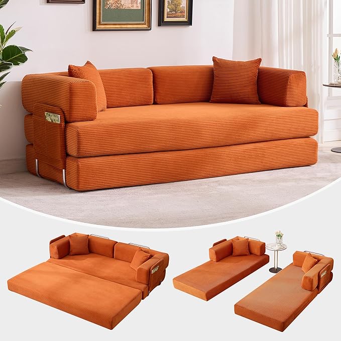 Garvee 5-in-1 Convertible Sofa Bed, 78.8" Modular Corduroy Sleeper with Sturdy Frame & No Assembly, Multi-Functional Futon for Small Space, Living Room & Guest Room (Orange)