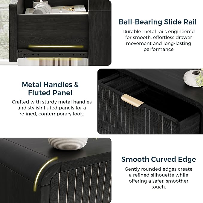 Fluted 5 Drawer Dresser for Bedroom, 43" Tall Dressers & Chests of Drawers Curved Profile Design, Wood Mid Century Vertical Dresser Natural Texture for Bedroom, Black Dresser