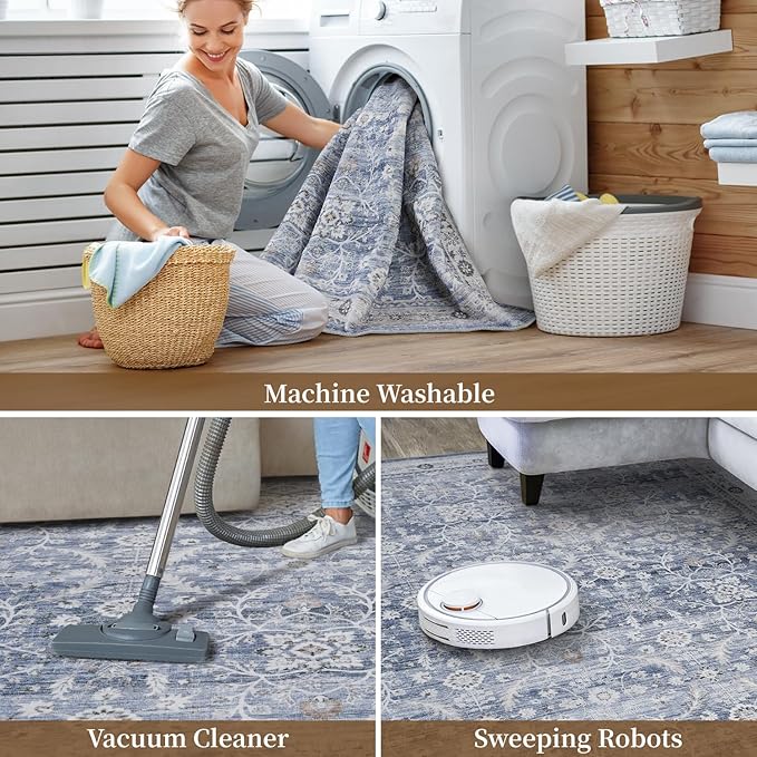 MontVoo-Vintage Area Rug 9X12 Blue Rugs for Living Room-Soft Distressed Printed Rugs for Bedroom-Non Slip Carpet-Machine Washable Rug for Dining Room Living Room Bedside Office