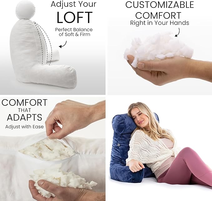 Husband Pillow Medium Dark Blue, Backrest for Kids, Teens, Petite Adults - Reading Pillows with Arms, Adjustable Loft, Plush Memory Foam, Bed Rest Chair Sitting Up, Detach Neck Roll, Removable Cover