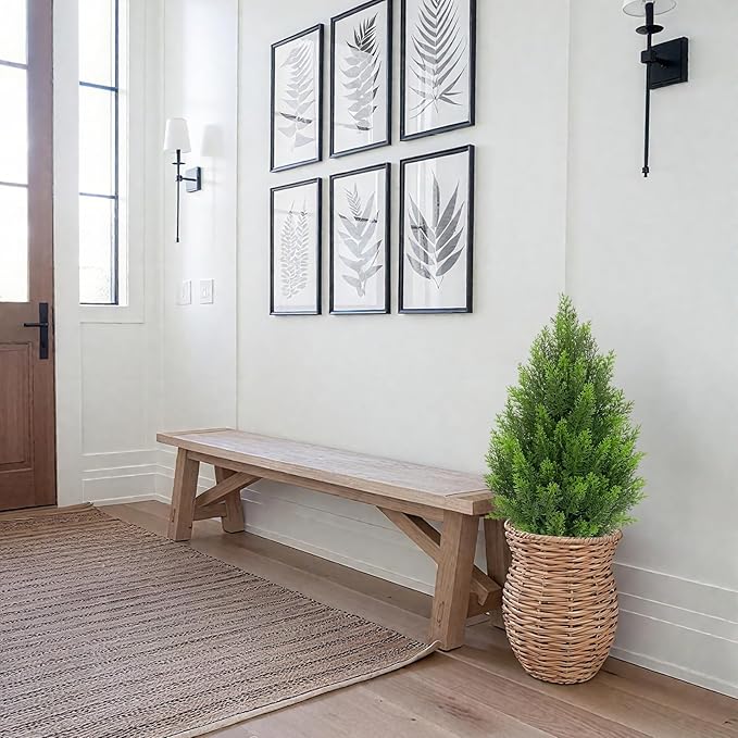 Briful 27” Artificial Cedar Topiary Tree in White Planter, 2PCS – Realistic Faux Evergreen Floor Plant with Layered Leaves, Decorative Indoor Outdoor Potted Shrub for Home, Office, Patio, Porch