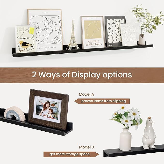 Picture Ledge Shelf, Floating Shelves Set of 2, 40 Inches Solid Wood Nursery Book Shelves for Toys Storage, Kids Bookshelf Wall Mounted for Living Room Bedroom Decor Books Photo Frames, Black