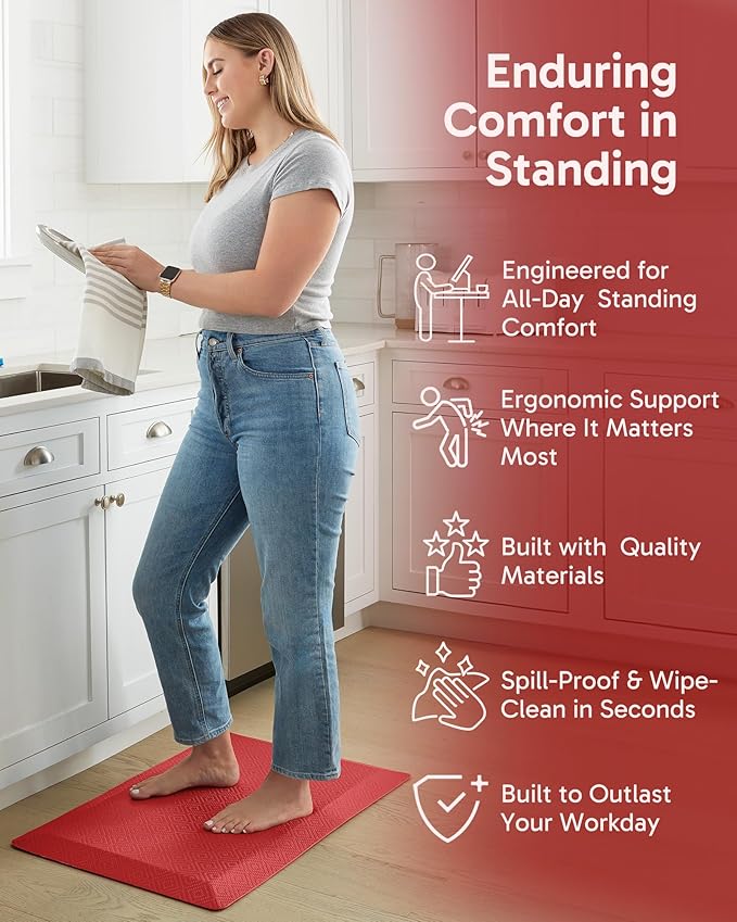 Ophanie Kitchen Mats for Floor, 3/4 Inch Thick Kitchen Rugs, 20''x32'' Anti Fatigue Standing Cushioned Mat, Waterproof,Comfort Ergonomic Mat for Office, Home, Sink, Red Non-Slip Bottom