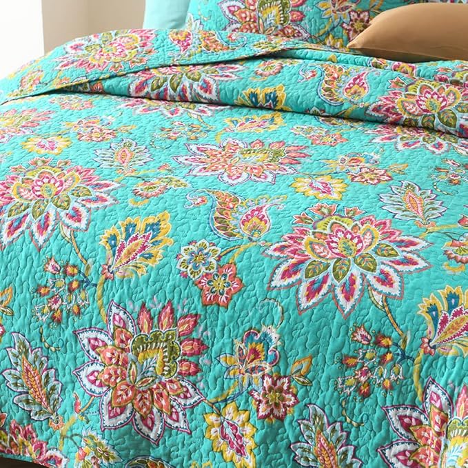Cotton Bedspread Quilt Sets Reversible Bedding Coverlet Sets Comforter Paisley Floral Bedspread (Green Vintage Floral, King Size)