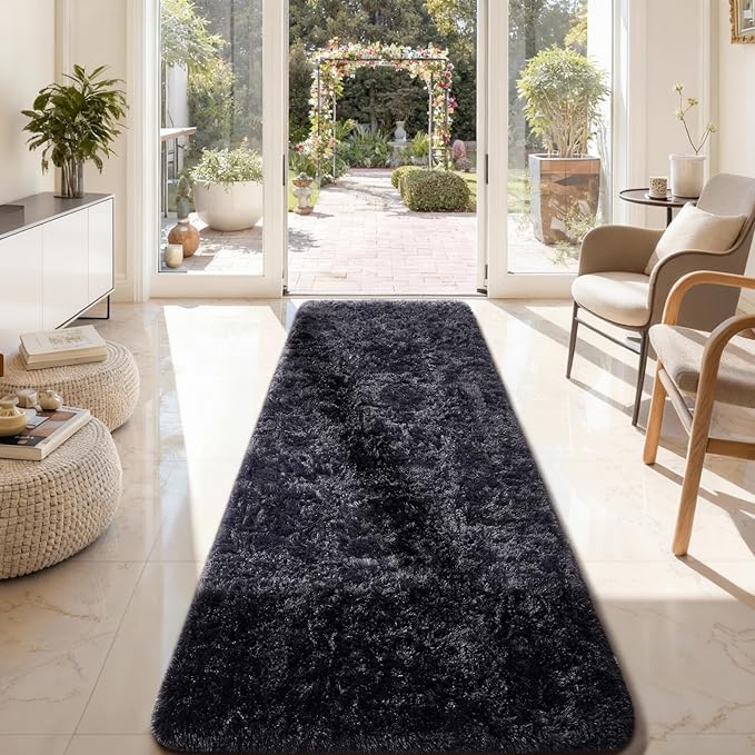 Ophanie 2x8 Runner Rug for Hallway, Upgrade Non-Slip Fluffy Soft Bedside Rugs, Bedroom Living Room Black Shaggy Carpet for Kids Girls Boys Dorm Nursery Home Decor Aesthetic