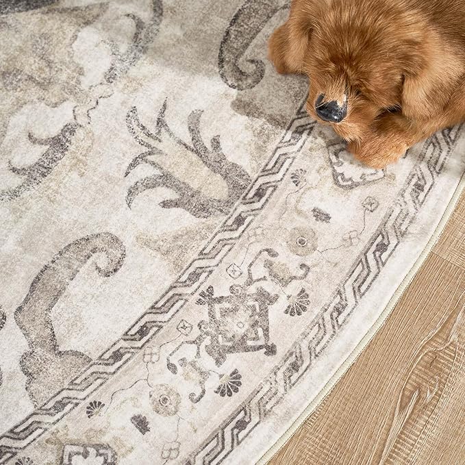 jinchan Round Rug 4ft Area Rug Indoor Vintage Floral Circle 4' Washable Ultra-Thin Low Pile Soft Small Non Slip Distressed Print for Living Room Dining Room Bedroom Entryway Taupe