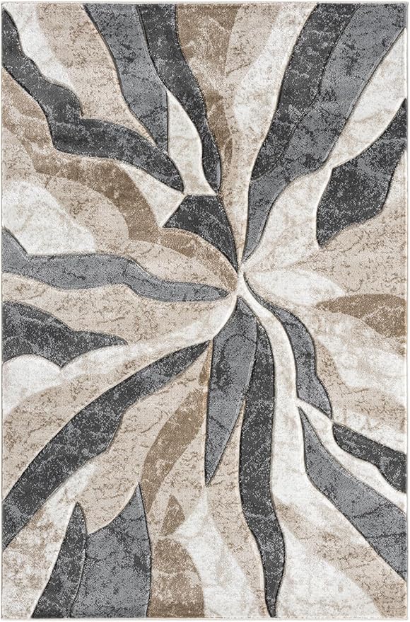 Modern Abstract Area Rug Hand Carved Contemporary Geometric Swirls Vibrant Colors Carpet for Living Room Bedroom Design PR1002 (Beige, 5' x 7')