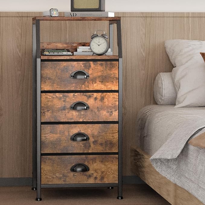 Dresser with 4 Drawers, Fabric Storage Tower for Bedroom, Tall Clothes Storage Drawers, Vertical Closet Organizer for Kids Room, Entryway, Nightstand Bedside Table, Sturdy Steel Frame & Wooden Top
