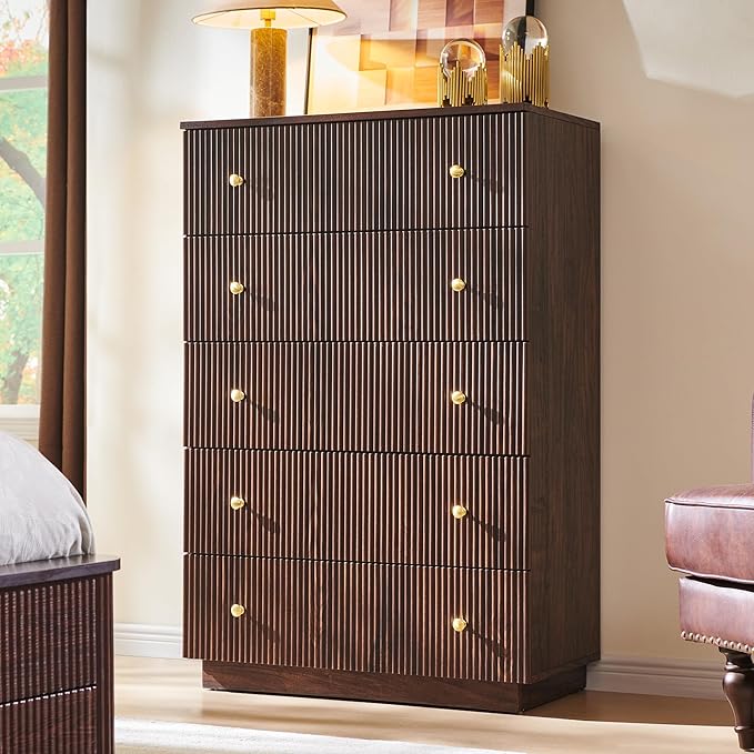 Fluted Dresser for Bedroom, 5 Drawer Dressers, Wood Tall Dresser Storage Organizer, Chest of Drawers with Deep Storage, Modern Bedroom Chest for Closet Hallway, Entryway, Living Room,Brown