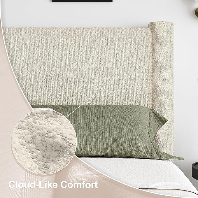 California King Size Bed Frame, Boucle Bed Frame with Headborad, Soft Upholstered Platform Bed Frame with Rounded Corners, No Box Spring Required, Easy Assembly, Cream