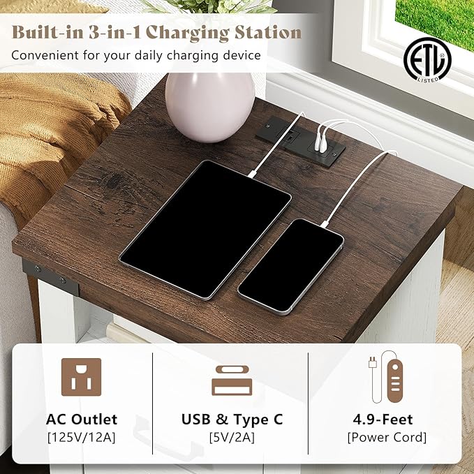 AMERLIFE Farmhouse End Table Set of 2, 18" Wood Night Stand with Charging Station & 4 Storage Drawers, Heavy Duty Bedside Nightstands for Bedroom, Living Room, Antique White