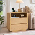 Modern Curved Night Stand, 25" Tall Wood Bedside Table with Charging Station, 2 Storage Drawers Side Table, Large End Table Nightstand for Bedroom, Living Room Office, Sofa, Natural
