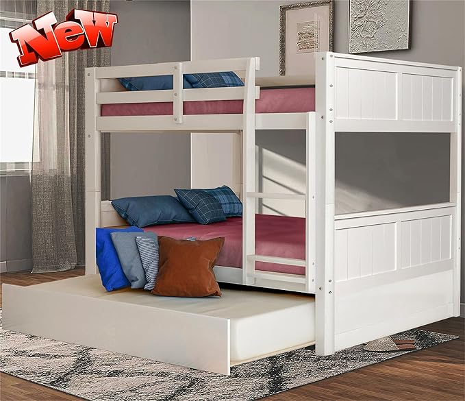 Upgraded Version Best Full Over Full Bunk Bed with Trundle, Thicken Solid Wood Full Size Bunk Bed, Bunkbed Frame Full Over Full, Convertible to 2 Beds, Easy Assembly for Adults (White)