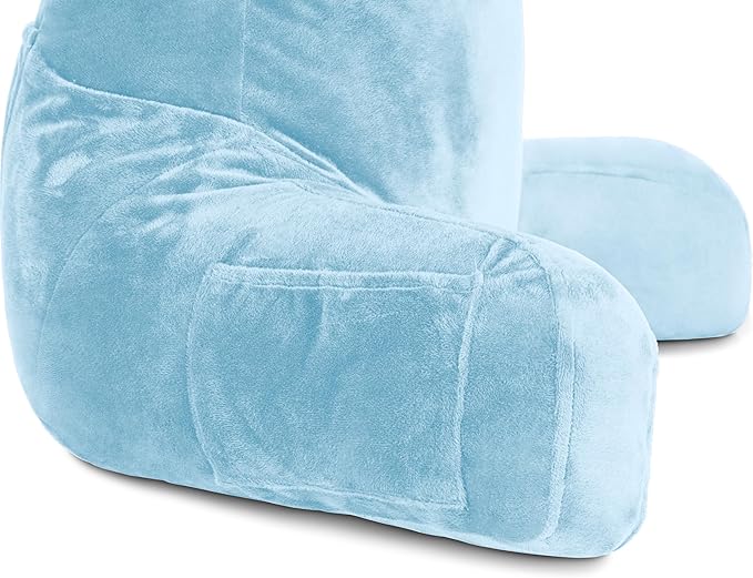 Husband Pillow Sky Blue, Original Reading Pillow in Bed Rest Chair, Shredded Memory Foam Large Lounge Cushion Adult Backrest with Arms, Comfy Back Support for Sit Sitting Up, Wash/Removable Cover