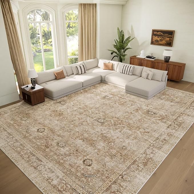 Washable 10x14 Area Rugs for Living Room, Boho Non-Slip Vintage Distress Large Rugs for Bedroom Dining Room Office, 0.3" Neutral Oriental Throw Thin Carpet, Brown/White/Multi