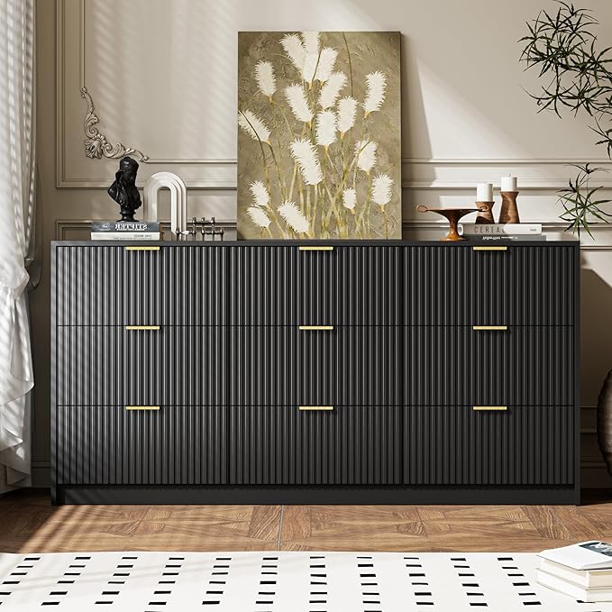 3-Piece Dresser Bedroom Set, 9 Drawer Dresser & 2 Drawer Nightstands with Gold Handles, Fluted Wood Chest of Drawers for Bedroom, Living Room, Entryway, Black