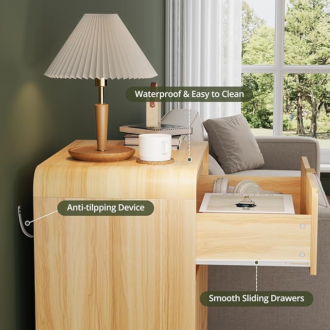 FURSUN 32" Tall Fluted Nightstand Set of 2, 3 Drawers Wooden End Table w/Storage, Curved Profile Design, Modern Bedside Table for Bedroom, Natural Oak