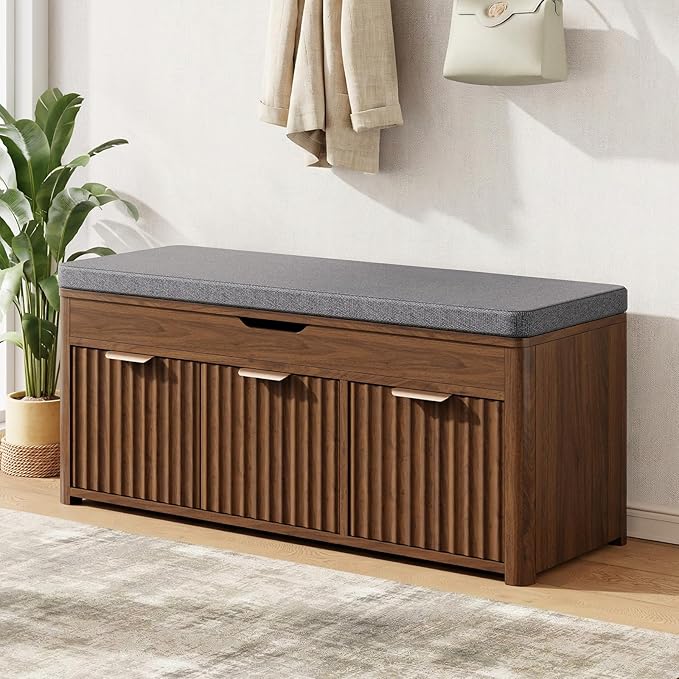 Shoe Bench with Storage - Lift Top Entryway Bench with Hidden Storage, Shoe Rack with Adjustable Shelves and Cushioned Seat, Wooden End of Bed Bench for Bedroom, Living Room and Hallway,Walnut