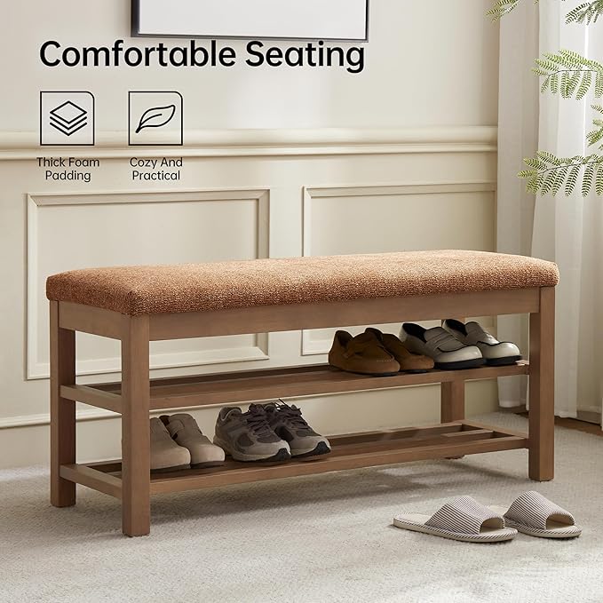 VKNOW Entryway Bench, 44.3” Upholstered Shoe Bench for Bedroom, 2-Tier Storage End of Bed Bench with Rubberwood Legs for Living Room, Hallway, Orange