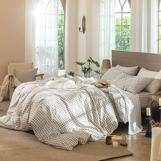 MooMee Gingham Duvet Cover Set 100% Washed Cotton Linen Like Textured Breathable Durable Soft Comfy Modern Checkered Design (Tannish Linen Grey Gingham, Super Queen 90"x98")