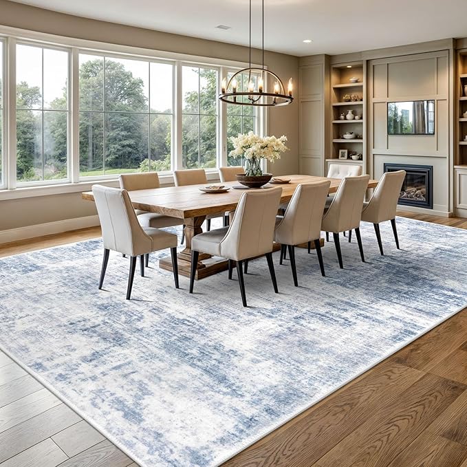 IOHOUZE Abstract Area Rugs 9x12 Ft Washable Large Rugs for Living Room, Non Slip Dining Room Rug, Printed Faux Wool Rugs for Bedroom, Floor Carpet for Office Nursery Playroom, Light Blue White