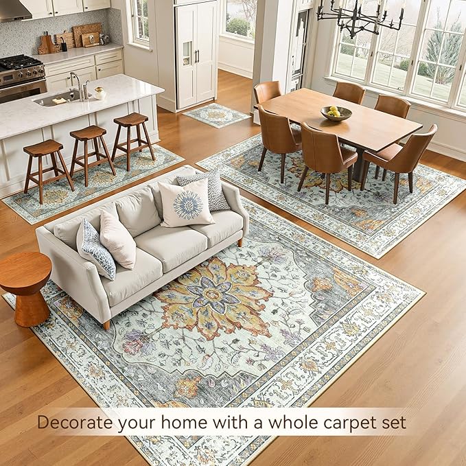 Area Rugs 10'x12' Washable Non-Slip, Floral Vintage Distress Print Pattern Medallion Carpet for Living Room Bedroom Dining Room, Light Yellow Carbon Grey Orange