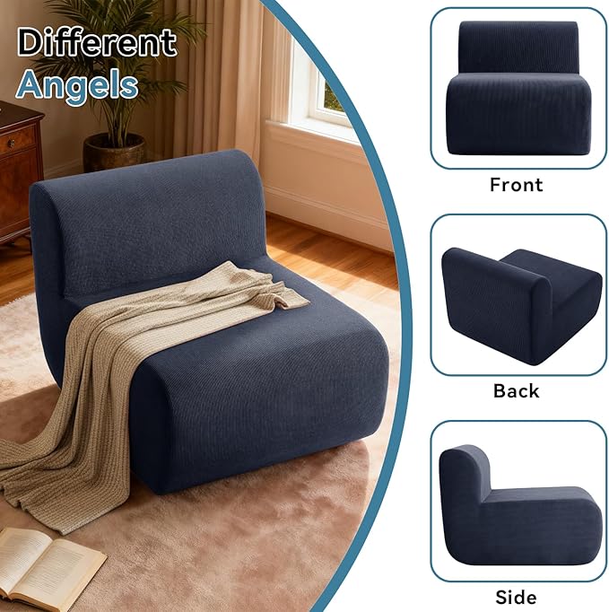 Single Boneless Chairs,Fireside Beanbag Chair Upholstered Cloud Sofa Chair,Corduroy Floor Couch Boneless Couch for Living Room,Memory Foam Lounge Chair for Bedroom,Deep Blue