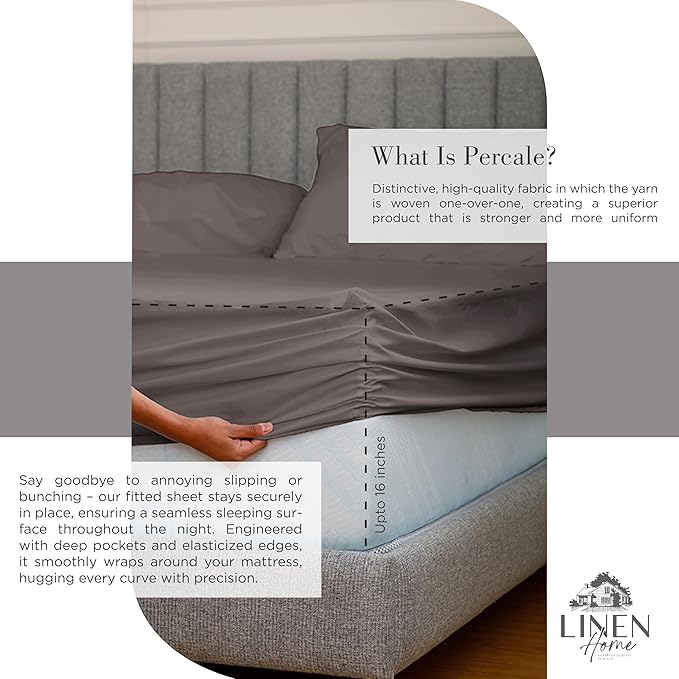Linen Home 100% Cotton Percale Sheets Twin Size, Charcoal, Deep Pocket, 3 Pieces Set - 1 Flat, 1 Deep Pocket Fitted Sheet and 1 Pillowcase, Crisp Cool and Strong Bed Linen