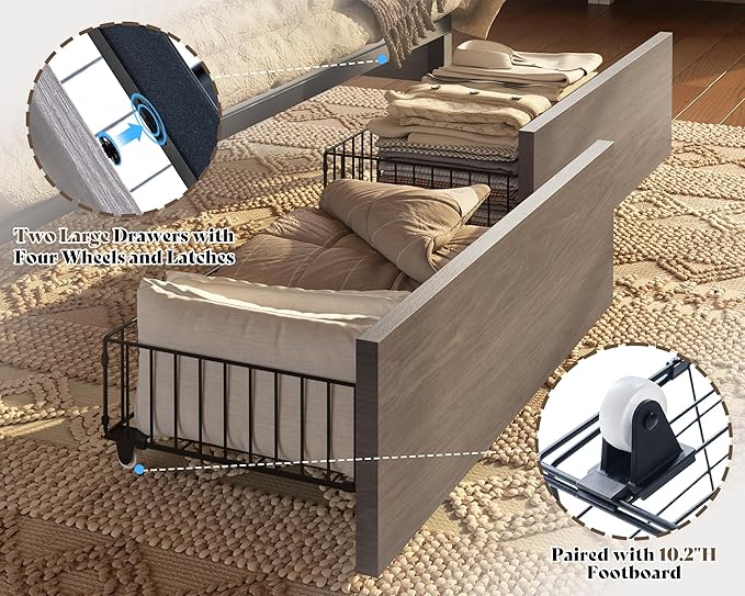 AMERLIFE 47.2" H Full Bed Frame with Hidden Space Bookcase Headboard and Charging Station, Beds with 2 Storage Drawers and Wood Slats, No Box Spring Needed, Grey