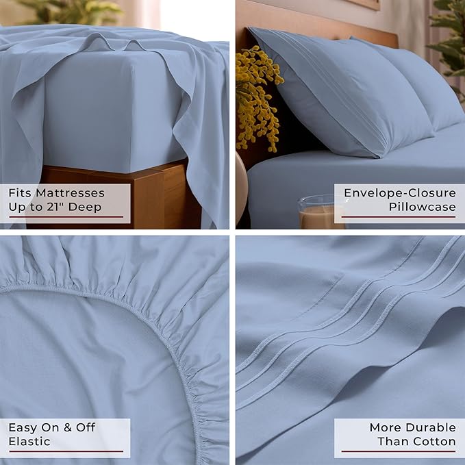 Mellanni Full Sheet Set - 6-Piece Iconic Collection Bedding, (Including 4 Pillowcases), 21-Inch Extra Deep Pocket, Easy Care, Ultra Soft, Cooling Sheets, Brushed Microfiber - Sky Blue