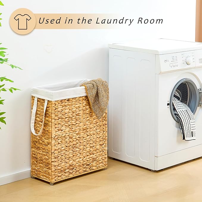 Handwoven Slim Laundry Hamper, 75L Narrow Laundry Basket, Natural Water Hyacinth Basket and Handles and Removable Liner Bag & 2 Mesh Bags (Natural, 75L)