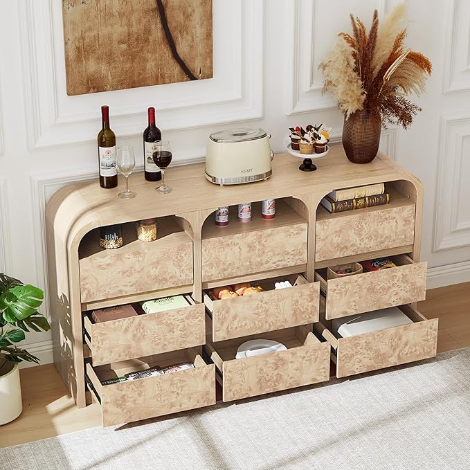 9 Drawer Dresser for Bedroom, Modern Chest of Drawers with Open Shelf, Burl Wood Long Storage Dressers for Closet, Living Room, Hallway (Natural)
