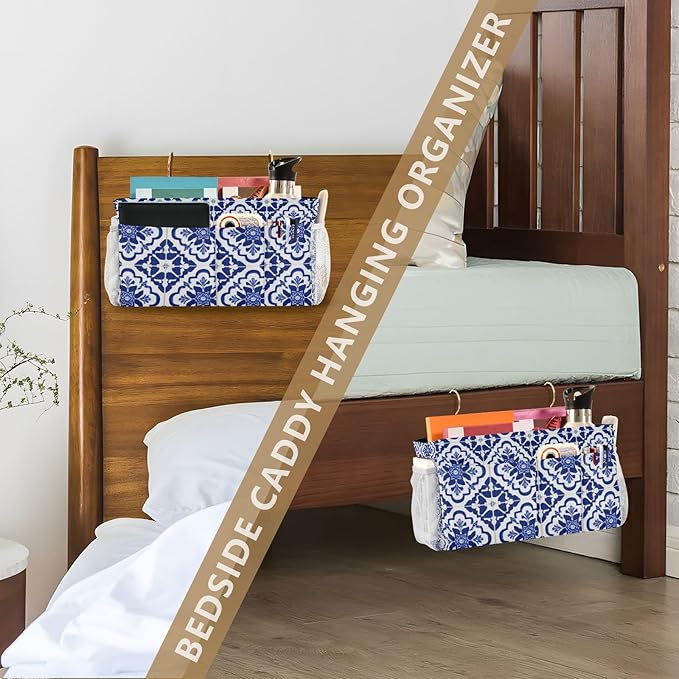 Bedside Caddy Hanging Bunk Bed Caddy Bed Organizer Hanging Pocket with 2 Hooks Bedside Storage Organizer Pocket Bag Holder Floral Blue and White Geometric