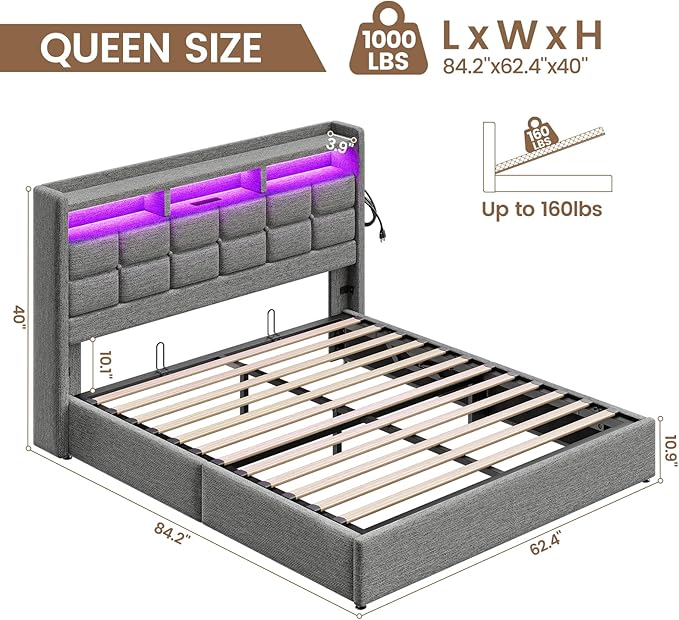 Lift Up Queen Bed Frame with Storage, Upholstered Bed Frame Queen Size with LED Lights Headboard and Charging Station, No Box Spring Needed, Easy Assembly - Light Grey
