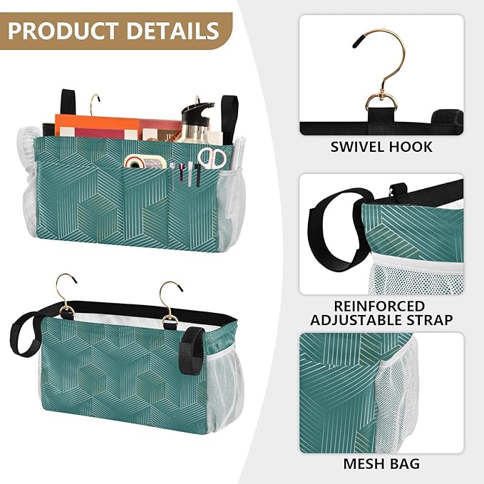 Bedside Caddy Hanging Bunk Bed Caddy Bed Organizer Hanging Pocket with 2 Hooks Bedside Storage Organizer Pocket Bag Holder Geometric Green