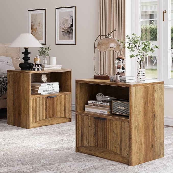 Fluted Nightstand Set of 2, MCM Mid Century Modern Bedside Tables with Drawer and Open Shelf, Minimalist Wood Bedside Table Fluted End Tables for Bedroom, Walnut