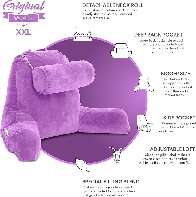 Husband Pillow XXL – Reading Pillow Bed Chair with Arms & Back Support – Light Purple - Back Pillow for Beds Sitting Up – Bed Rest Arm Pillow – Comfy Reading Pillow for Adults