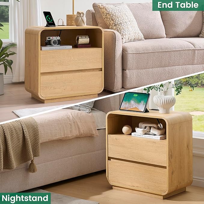 Modern Curved Night Stand, 25" Tall Wood Bedside Table with Charging Station, 2 Storage Drawers Side Table, Large End Table Nightstand for Bedroom, Living Room Office, Sofa, Natural