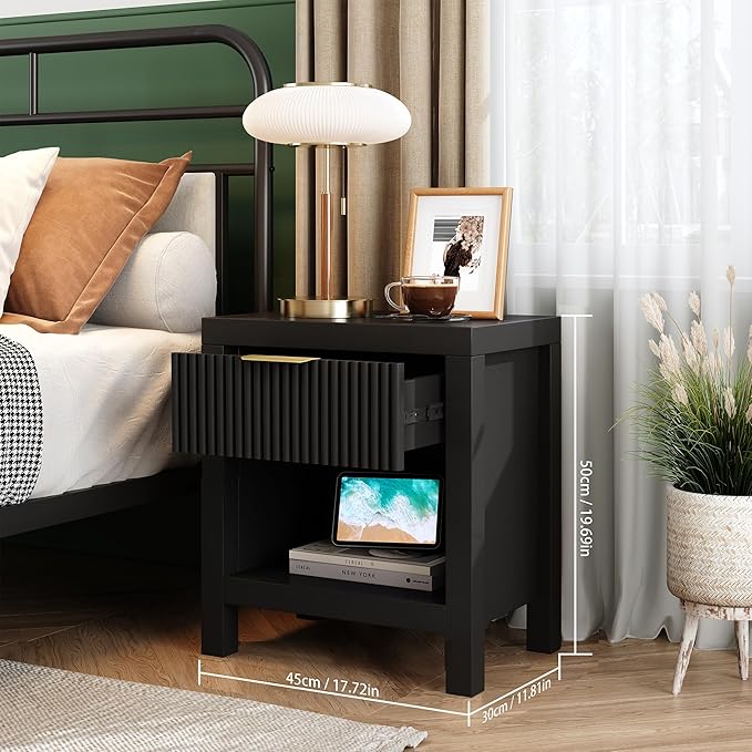 Nightstand Set of 2, Bed Side Table with Storage, Farmhouse End Table with 2 Drawers, Fluted Cabinet Bedside Cabinet for Bedroom Living Room Sofa Couch Office, Black Oak
