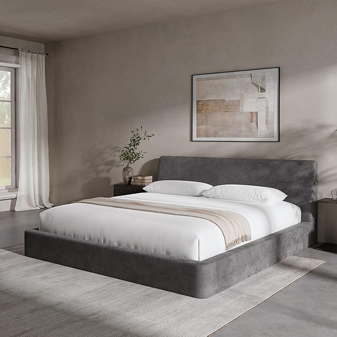 RECCI Cloud King Size Bed Frame with Ergonomic Angled Foam Cushioned Headboard, Minimalist Design Platform Bed Frame, No Box Spring Needed, Easy Assembly (Moon Grey)