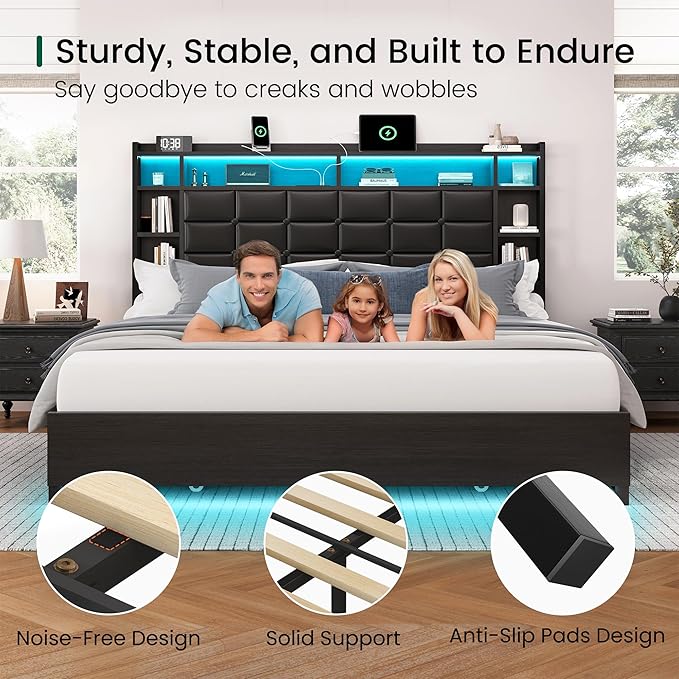 LARMACE Queen Size Bed Frame with 4 Storage Drawers and Bookcase Headboard, Faux Leather Upholstered, Wooden Platform Bed Frame with Charging Station and LED Lights, No Box Spring Needed, Black