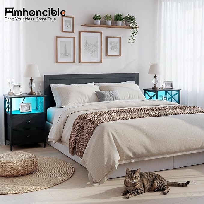 AMHANCIBLE Nightstand with Fast Charging Station, End Table Living Room with USB Charger, Power Outlet, Bed Side Table with Fabric Drawers for Bedroom HET052LBK1
