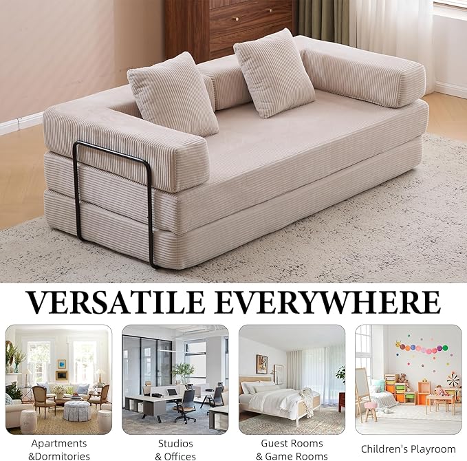 4-in-1 Convertible Folding Sleeper Sofa Bed, Fold Out Floor Sofa Couch with Fixed-Shape Frame, Cloud Corduroy Foldable Mattress Couch for Living Room Bedroom (77" Corduroy, Light Grey)