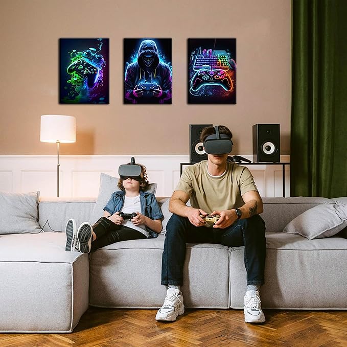 BGFCE Cool Gaming Canvas Wall Art Set of 3, Retro Video Game Watercolor Poster Pictures, Neon Gamepad Gamepad Painting Prints Game Room Bedroom Wall Decor 12x16 in Framed