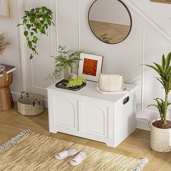 DINZI LVJ Storage Chest, 31.5”Wooden Toy Box with 2 Safety Hinges, Entryway Storage Bench with Flip-Top, Sturdy Storage Trunk for Living Room, Bedroom, Easy Assembly, White