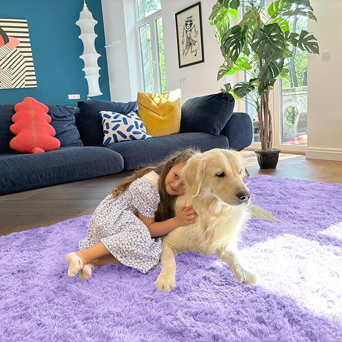 OLANLY 3x5 Machine Washable Small Bedside Rug, Soft Fluffy Shaggy Rugs for Living Room, Bedroom, Indoor Floor Carpet for Kids Girls and Boys, Preppy Dorms, Nursery, Home Decor Aesthetic, Light Purple