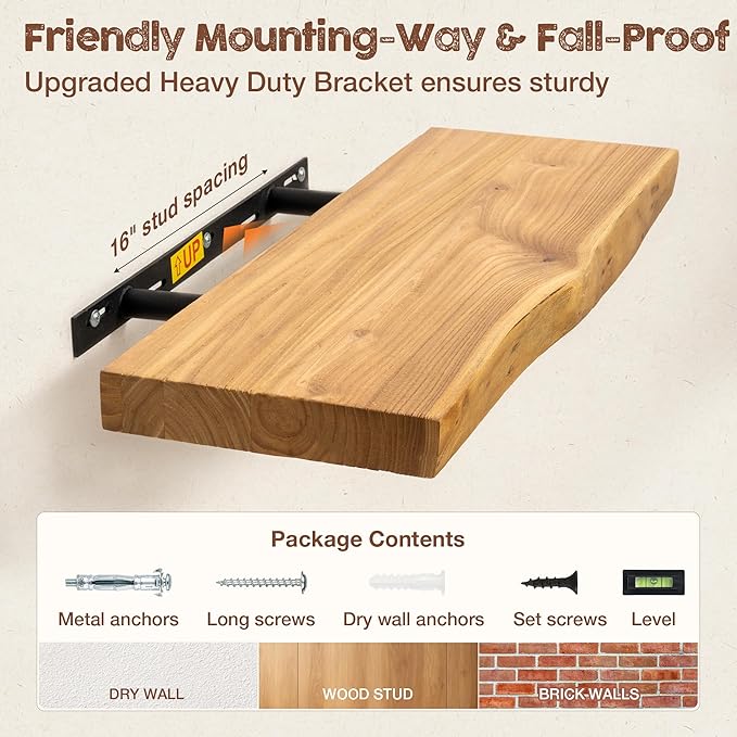fuqing Live Edge Floating Shelves for Wall 40 inch, 8 Inch Deep Solid Elm Wood Floating Wall Shelves - Rustic Wooden Shelves with Invisible Brackets for Living Room Bedroom Kitchen, 1 Pack, Natural