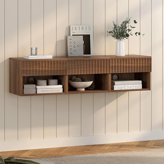 Floating Bedside Cabinet Set of Four with Drawers and Open Shelves, Compact Wall-Mounted Bedside Shelf, Modern Recessed Bedside Cabinet Suitable for Bedrooms and Living Rooms, Brown